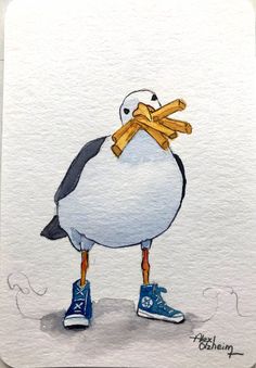 a watercolor painting of a seagull wearing blue sneakers