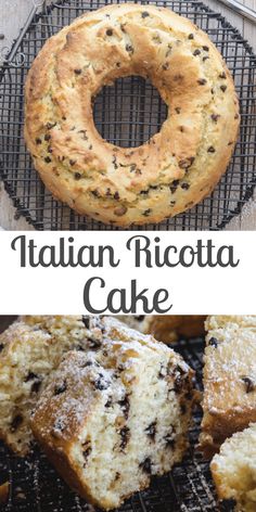 italian ricotta cake with chocolate chips and powdered sugar on top