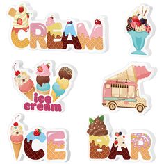 ice cream stickers are shown in various shapes and sizes, including the word ice cream