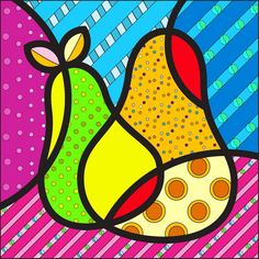 a painting of three colorful pears on a striped background with polka dot dots in the center