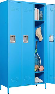 a blue locker with a hat and tennis racket