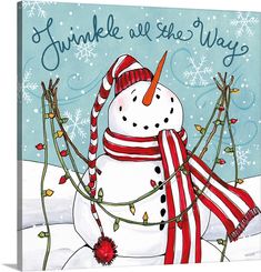 a snowman wearing a red and white striped scarf with the words twinkle all the way on it