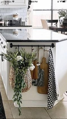 a potted plant is hanging on the kitchen counter with towels and utensils