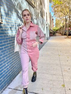 All sales are final Please note this pink colorblock version FITS BIGGER than the other colors in size M, L and XL: size L fits size 14-16 and size XL fits 16-18. This boiler suit is made for movement and comfort, with darts at the back for a feminine touch. Contrast self at undercollar and sleeve cuff. Natural corozo buttons. The style features a wide pant leg and a shorter inseam, so if you’re taller than 5’8”, you get to show off your sexy ankles (or kooky socks or Doc Martens or whatever). W Jumpsuit For Women, Boiler Suit, Cotton Jumpsuit, Pink Jumpsuit, Long Torso, Sleeve Cuff, Wide Pants, Wide Legs, Saint Paul