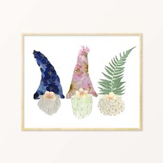 the three gnomes art print is hanging in a wooden frame on a white wall