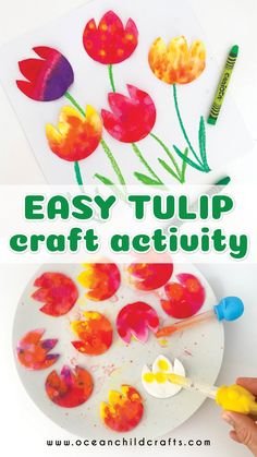 an easy tulip craft activity for kids to do with watercolors and crayons