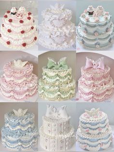 there are many different types of wedding cakes on this page, all in pastel colors