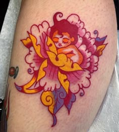 Pink, Magenta, Lavender and Gold peony. Little sleeping baby. Kewpie Tattoo, Kewpie Baby, Traditional Tattoo Inspiration, Traditional Tattoo Designs, Wicked Tattoos, Stylist Tattoos, Minimalist Tattoos, Tattoo Flash Art, Celebrity Tattoos