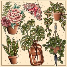 an illustration of houseplants and flowers in vases