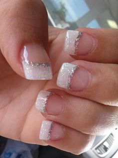 Simple and elegant! Simple Nails Glitter French, Short Nail Tips Acrylic, Pretty French Tip Nails Acrylic, Simple Wedding Nails For Bride Acrylic, Short Acrylic Nails Square Simple French Tips Glitter, French Tip Nails With Design Wedding, French Nails Glitter Sparkle Simple, Wedding Nails For Bride Acrylic Short, Silver Nail Designs For Wedding