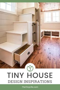 the tiny house design inspirations logo with stairs and storage drawers in front of it