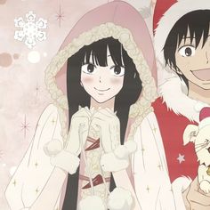 two anime characters dressed up in christmas costumes and holding stuffed animals, with snowflakes on the background