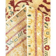 two rugs with different colors and patterns on them, one is yellow and the other is red