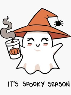 it's spooky season with a cute ghost holding a drink and smiling