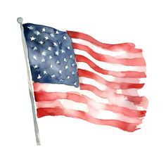 an american flag painted in red, white and blue watercolor on a white background