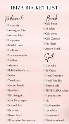 the list for ibza bucket list is shown in black and white, with pink watercolor