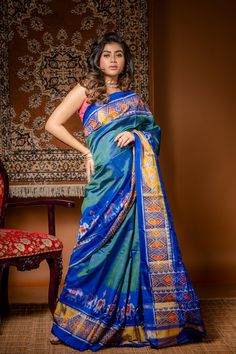 This is pure silk  handloom patola. The peacock blue green color and zari border with nari kunj motifs  adds extra royalness in it. Indian Handloom, Patola Saree, Blue Green Color, Yellow Saree, Desi Clothes, Dyi Projects, The Peacock, Traditional Wear, Peacock Blue