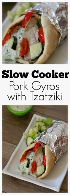 two images showing how to make slow cooker pork gyros with tzatziki