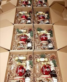 six boxes filled with assorted christmas ornaments