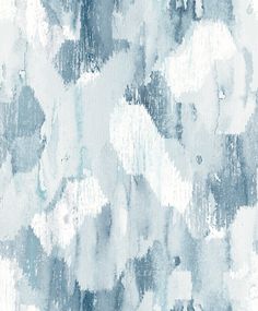 an abstract blue and white painting with lots of paint streaks on it's surface