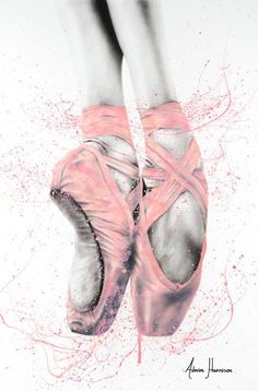 a painting of a ballerina's feet in pink ballet shoes with splatters