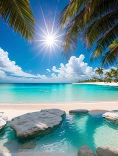 the sun shines brightly over an ocean with rocks and palm trees