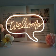 aesthetic room welcome neon sign roomtery Light Letter, Neon Signs Home, Neon Words, Sun Clouds, Neon Lamp, Sun And Clouds, Neon Sign Bedroom, Neon Wedding, Led Neon Lighting