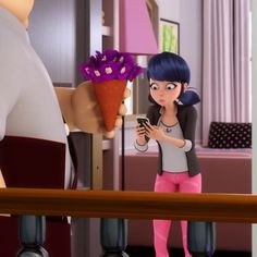 a cartoon girl holding a flower and looking at her cell phone while standing in front of a man