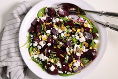 Roasted Beet, Chèvre, Spinach Salad with Pistachios and Mint