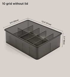 an image of a plastic container with dividers on the side and measurements for each compartment