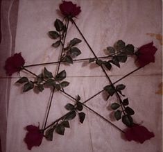 four roses arranged in the shape of a pentagram with green leaves on top and bottom