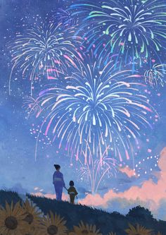 two people standing on top of a hill under a sky filled with fireworks