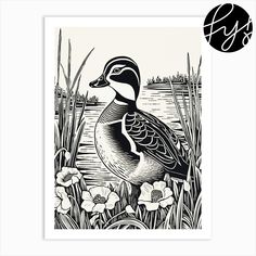 a black and white drawing of a duck sitting in the grass next to some water