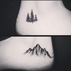 three different views of a mountain with pine trees on the upper half of the neck