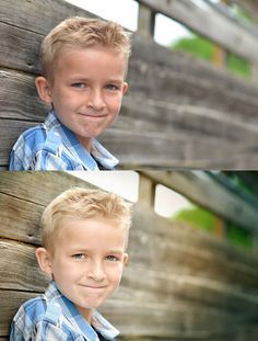 two pictures of a young boy leaning against a wooden fence and smiling at the camera