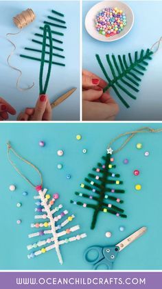 These pipe cleaner Christmas trees can be a lovely DIY Christmas gift for a loved one, and they can also be transformed into Christmas ornaments with the addition of twine or string on top.  We experimented with various color combinations of pipe cleaners: dark green, light green, silver-sparkling, and white. Visit our blog for step by step craft instructions on these Christmas tree ornaments! Last Minute Christmas Crafts For Kids, Fourth Grade Crafts Ideas, No Glue Christmas Crafts For Kids, Easy Pipe Cleaner Crafts For Kids Christmas, Candy Cane Pipe Cleaner Ornaments, Christmas Tree Pipe Cleaner Craft, Special Needs Christmas Crafts, Christmas Craft With Beads, Pipe Cleaner And Bead Ornaments