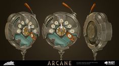 an image of three clocks with different parts attached to each other and the words arcane written below them