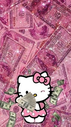 a hello kitty wallpaper with money and pink glitters on the bottom right corner