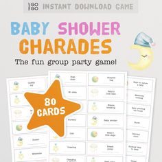 baby shower charadess game with the words 80 cards and an orange star on top