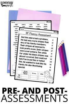 the printable pre - and post - elementary reading worksheet with colored pencils