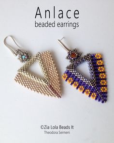 three beaded earrings are displayed on a white surface with the words,'andlace beaded earrings '