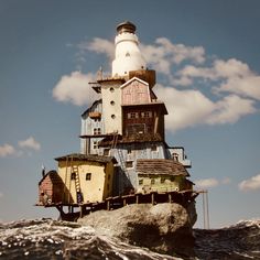 a house on top of a rock in the middle of the ocean with a sky background