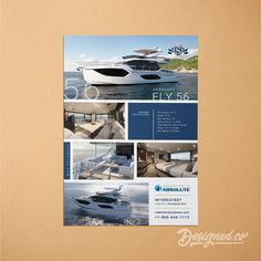 a brochure with photos of boats and yachts on the water in front of a tan background