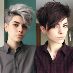 Gender Neutral Pixie Haircut, Professor Hairstyles, Gender Neutral Haircuts Short, Gender Fluid Haircuts Short Hair, Gender Neutral Short Hair, Short Hairstyle Straight Hair, Non Binary Makeup Looks, Gender Fluid Hairstyles, Short Hair Long On Top