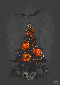 a decorated christmas tree with pumpkins and bats on it in front of a gothic window