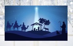 a nativity scene with the birth of jesus and three wise men in silhouettes