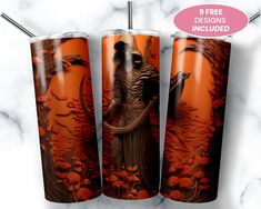 three orange and black tumblers with an image of a woman holding a bird on them