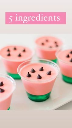 pink dessert cups with chocolate chips in them on a white plate and text overlay reads, 5 ingredients