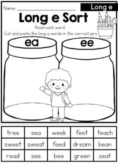 long e sort worksheet with two jars and the words in each word,