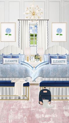 the bedroom is decorated in blue and white with pink carpeted flooring, two large beds are next to each other